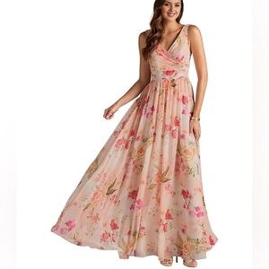 Abstract Bouquet Floral A-Line V-Neck Pleated Chiffon Dress Peach Pink Sz 10